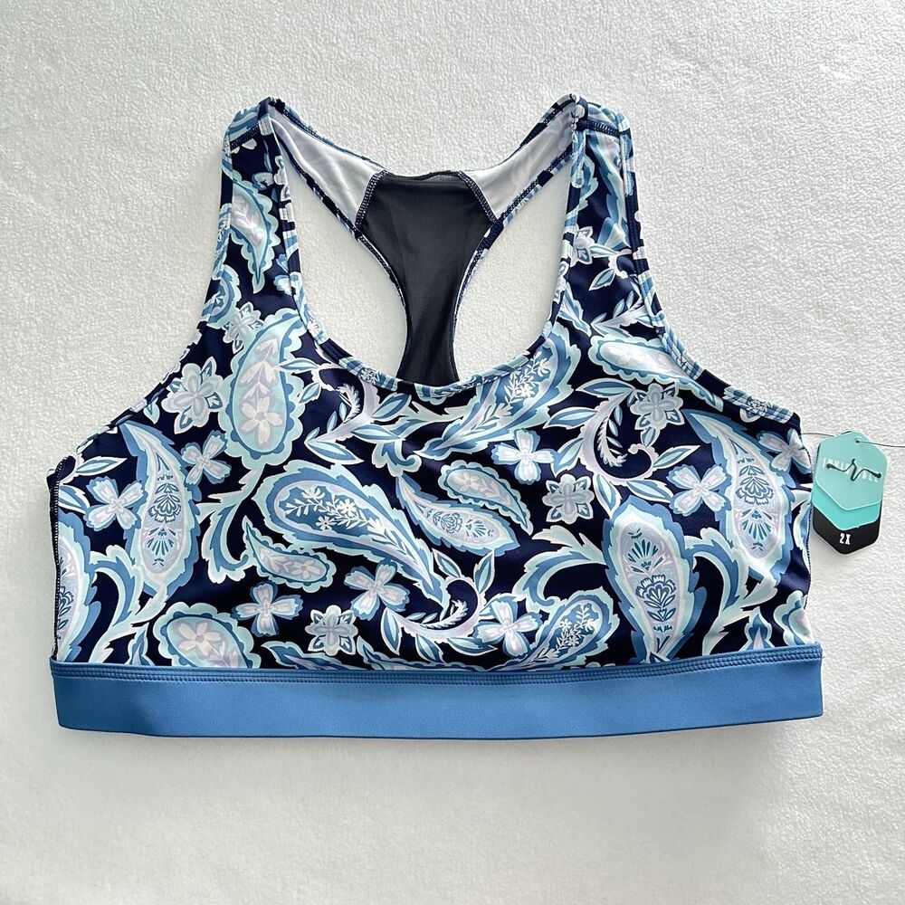 LuLaRoe Racerback Sports Bra 2X Rise Invincible Blue Paisley Removable Cups New